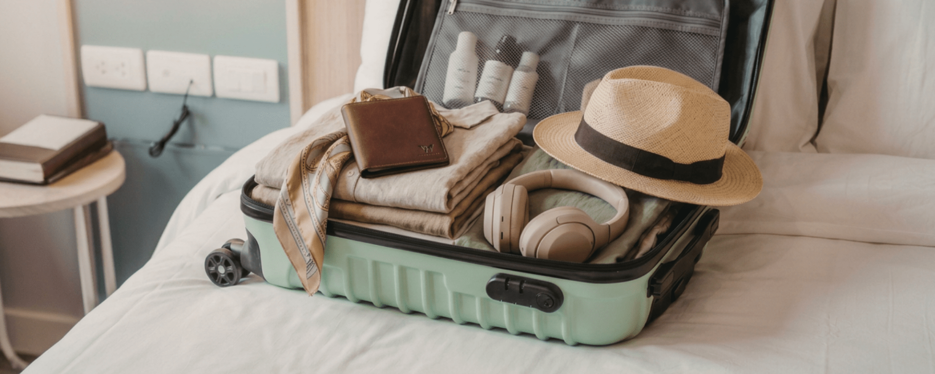 a carry-on suitcase on a bed