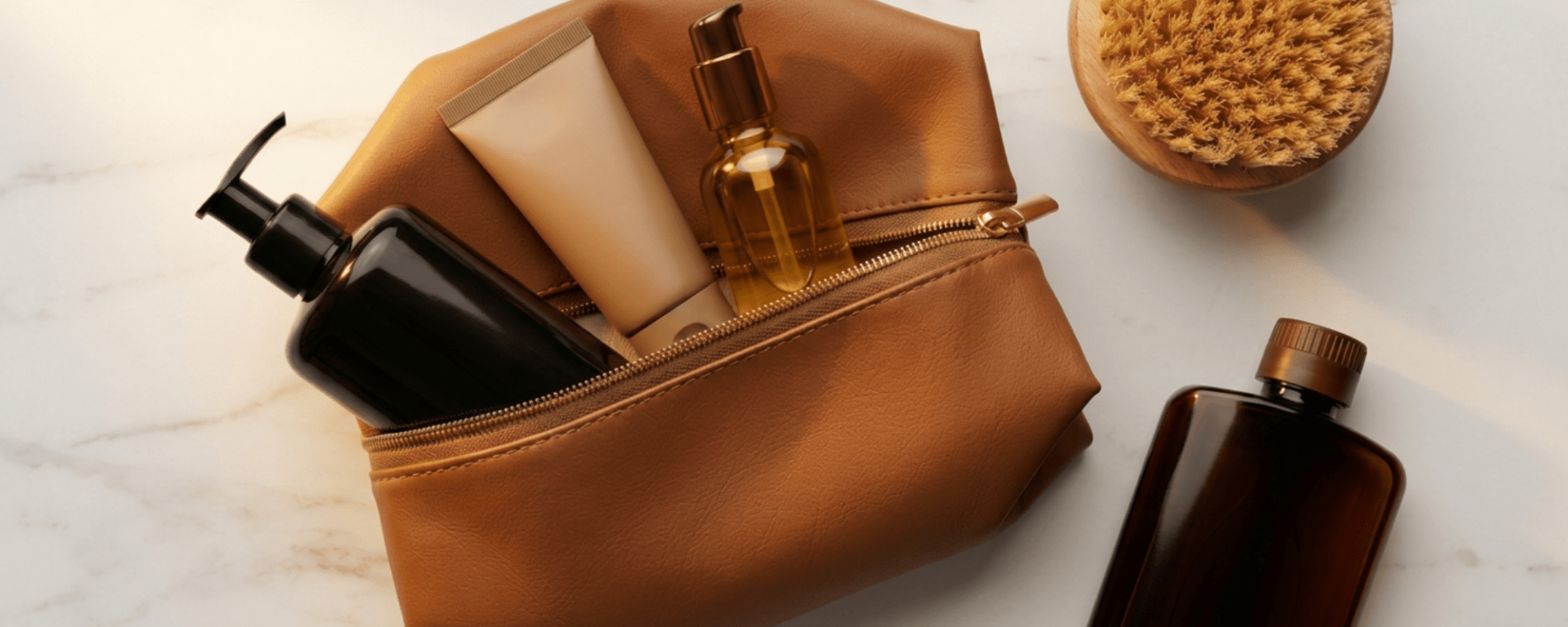 a toiletry bag on a countertop