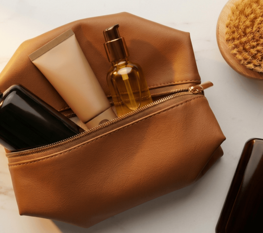 a toiletry bag on a countertop