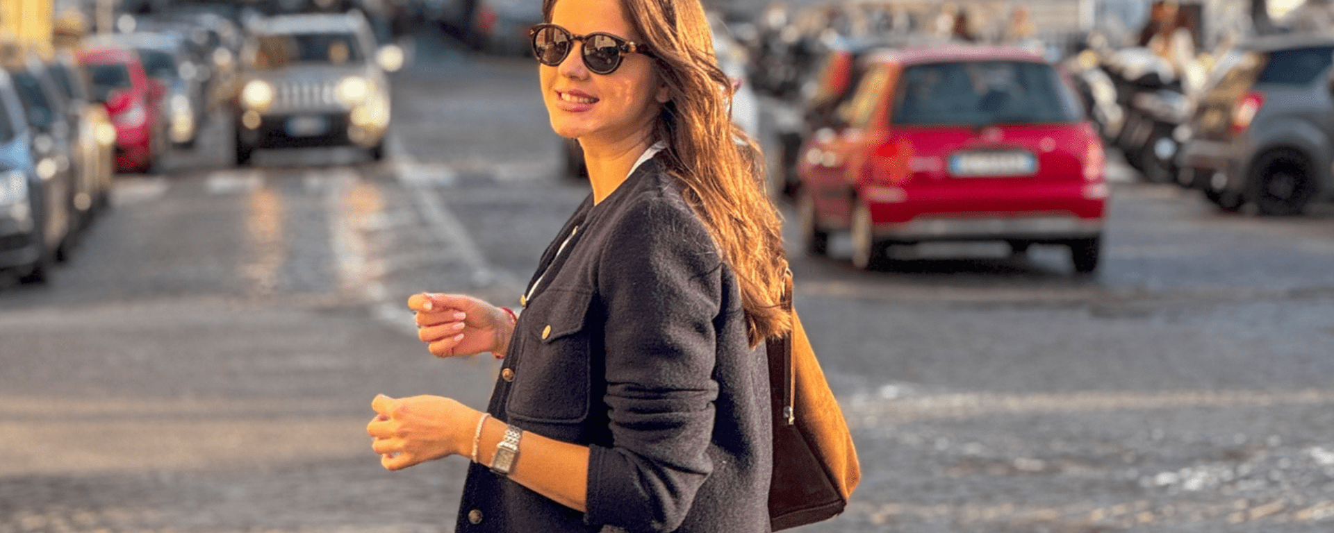 Woman in European City Wearing a Blazer