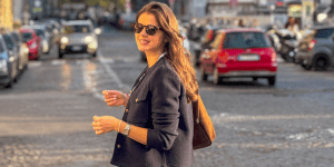 Woman in European City Wearing a Blazer